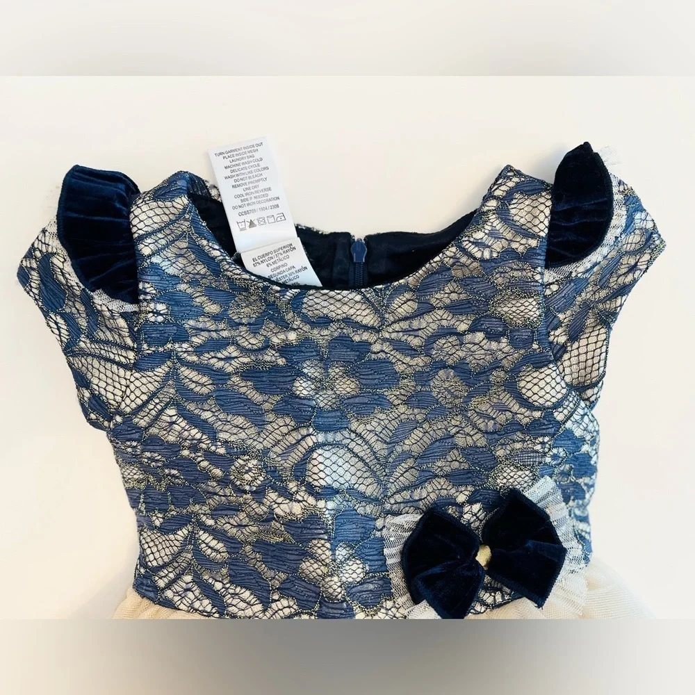 Biscotti Navy and Lace Champagne Tulle Dress with Bow, Girls 2T - Like New
